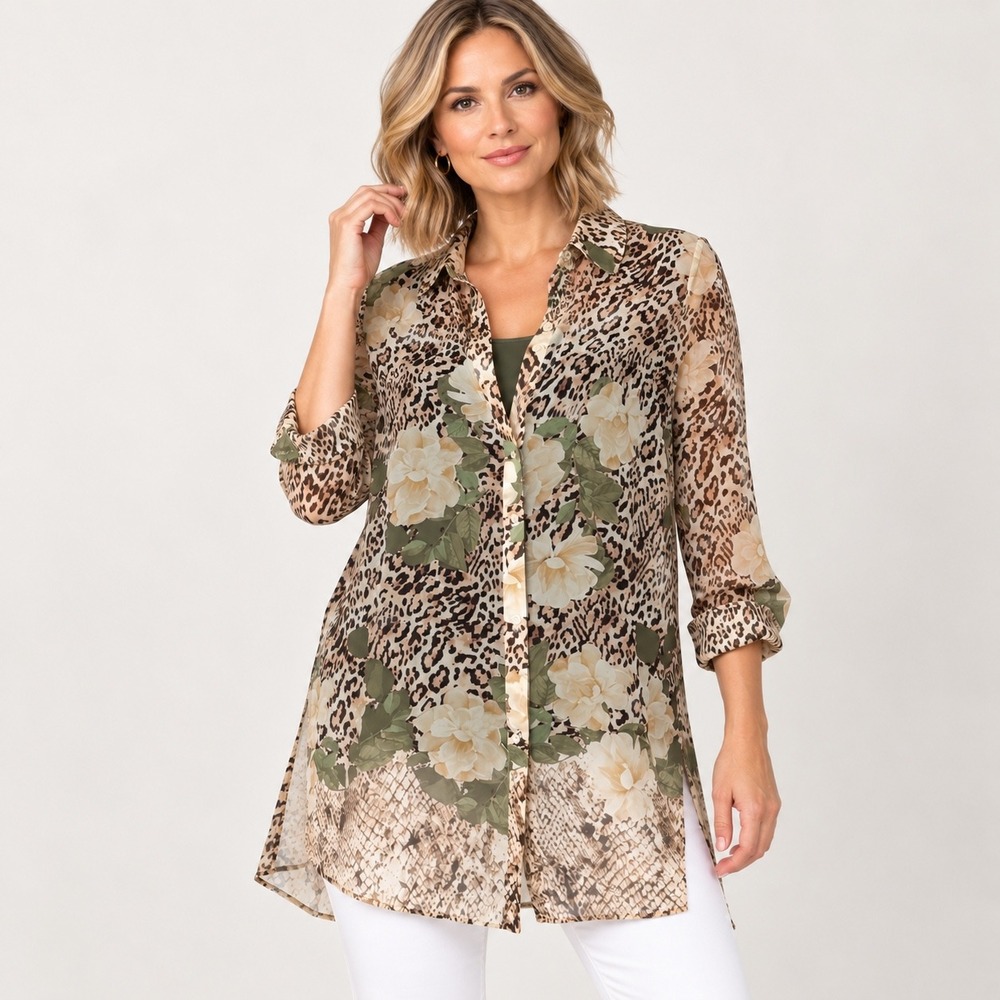 Chicos Poised Blooms Sheer Tunic & Travelers Tank 2 Piece Set Size 1 M Floral